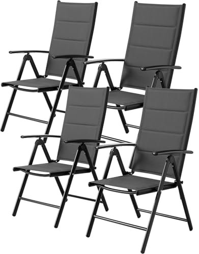 LIFERUN Gartenstühl Hochlehner Klappbar,4er Set Aluminium Balkonstuhl,Bis 120 kg,mit Gesteppte Rückenlehne & Sitzfläche,7-Fach Verstellbar, Outdoor Esszimmerstuhl, Armlehnen Klappstuhl, Grau