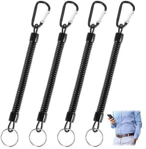 Tyqour 4pcs Heavy Duty Retractable Coiled Lanyard with Key Ring and Lobster Clasp, Fishing Lanyard, Retractable Tool Lanyard, Wrist Coil Keychain for Keys Wallet Cellphone(Black)