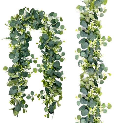 Trukafie 2 Stück Künstliche Eukalyptus Girlande,1.8M eukalyptus künstlich,Künstliche Girlande Pflanze mit Weiße Blumen Silberdollar Eukalyptusranke für Hintergrund Hochzeit Dekoration