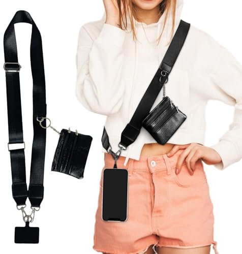 Sesameless Crossbody Phone Strap With Zippered Pouch, Clip and Go Adjustable Strap With Wallet Patch, Cell Phone Lanyard Neck Wristlet Strap Chain String Accessories (Black)