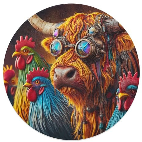 Steam Punk Highland Cow & Chickens Funny Tempered Glass Chopping Board - Round