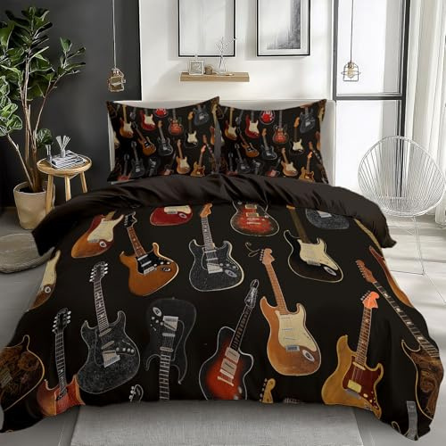 CozyRest Bettwäsche Set Bunte E-Gitarren Bettbezug 135 x 200 cm Dunkelbraun Reversibel 3-Teiliges Set, Weich Und Bequem, Pflegeleicht, Mit Verdecktem Reißverschluss Und Kissenbezug