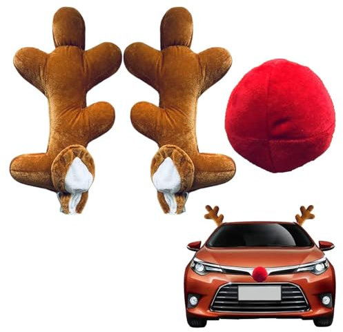 Weihnachtsauto Dekorationen Elch Geweih Kit | Weihnachtsdeko Auto Plüsch Rudolph Kostüm | Weihnachten Elchgeweih mit Geweih Schwanz und Roter Nase Rentier Kostüm Auto Deko Set für Auto Deko