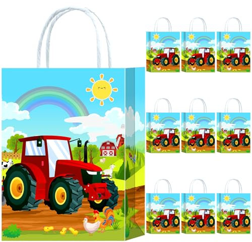 10 Stück Traktor Party Taschen,Traktor Geschenktüten Papiertüten mit Henkel,Farm Geburtstag Geschenktaschen,Farm Papier Gastgeschenke Tüten Mitgebseltüten