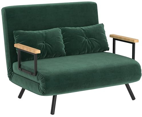 HOMCOM 2-Sitzer Schlafsofa mit 5-stufig Verstellbarer Rückenlehne, Doppel-Klappsofa mit 2 Kissen für das Wohnzimmer, aus gepolstertem Stoff, Stahl und Holz, 102x73x81 cm, Grün