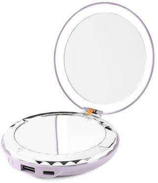 HALO Beauty Compact - Miroir de Poche et 5k Power Bank - 3-en-1 Lumière, Miroir et Power Bank - Chargeur de téléphone Portable USB-C - Jusqu'à 2X Charges (Lila)