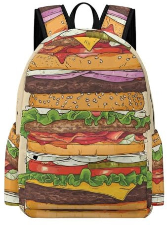 TPISLI Rucksack Burger-Druck Schultasche Kinder Ranzen 3. Klasse Für Jungs Schulranzen Mädchen 1. Klasse Lebensmittel Muster Leichter Reise Outdoor Freizeit