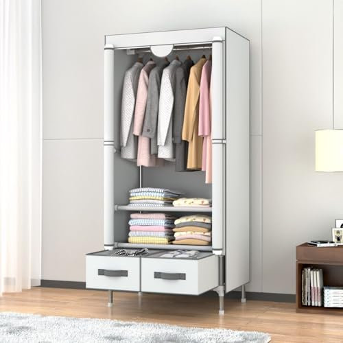 Anmas Power Bedroom Canvas Wardrobe with 2 Drawers, Portable Closet with Hanging Rail and Wardrobe Shelves, 75x45x170cm, Ash White