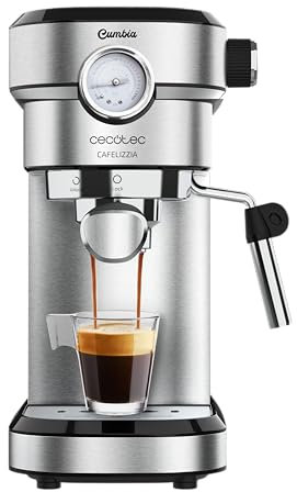 Cecotec Cafetera para Espressos y Cappuccino Cafelizzia 790 Steel Pro Essential. 1350W, Manometro, Sistema Thermoblock, 20 Bares, Modo Auto para 1-2 Cafés, Vaporizador Orientable, 1.1L, Acero