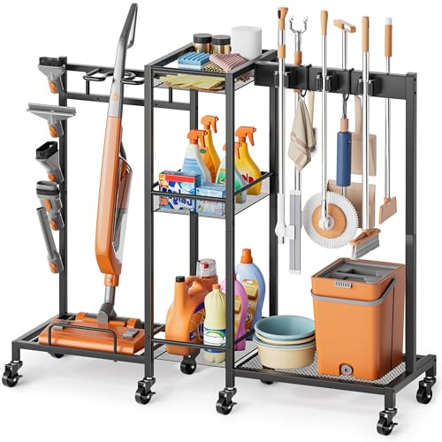 Bikoney Portascope e Organizer Prodotti Pulizia, Carrello Pulizie con Ruote e Armadietto, Mobile Porta Scope e Mocio con Supporto Aspirapolvere, Carrello Multiuso per Casa e Lavanderia