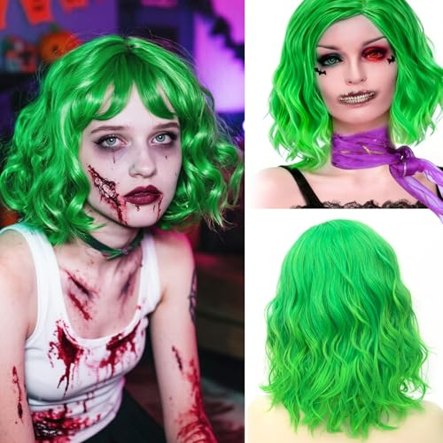 Perücke Grün, Grüne Perücke Damen, 25cm Cosplay Perückes mit Wig Cap und Lila Schal, Ohrringen, Wimpern, Kurze Glatt DIY Bob Perücken für Karneval Party Outfit Zubehör Halloween Perücken Damen