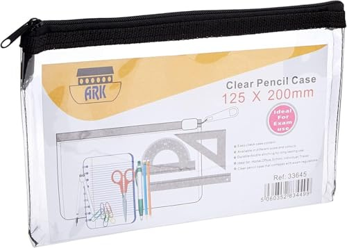 ARK PVC Clear Pencil Case for Exams, Transparent Pencil Case with Zipper for Usage in School Home Office and Travel. Blue, Black and Red Pack of 3