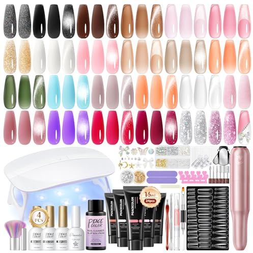PEACECOLOR 51 Pcs Ongle Kit Complet Poly Extension Gel avec Lampe Ponceuse,24 Couleurs 16ml Gel Kit Construction Ongle avec Vernis Mat et Brillant Effet Cat Eye Semi Permanent