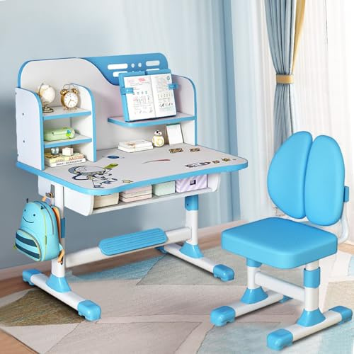 diowewea Kids Desk and Chair Sets, Height Adjustable Functional Toddlers School Study Desk with Storage Drawers, Widened Desktop, Bookstand for Boys and Girls (Blue)