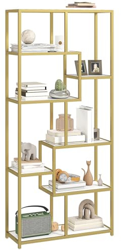 HOMCOM 7-Tier Bookshelf, Geometric Bookcase, Industrial Floor Standing Book Shelf, Open Display Shelving Unit for Living Room, Home Office and Bedroom, White and Gold Tone