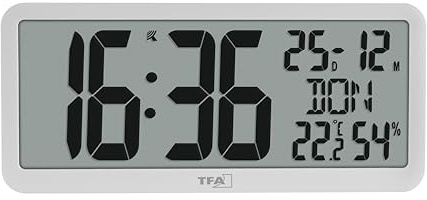 TFA Dostmann XL Wanduhr digital mit Raumklima, 60.4525, Tischuhr mit Temperatur und Luftfeuchtigkeit, gut ablesbar, perfekt für Großraumbüro, Flur, Wohnzimmer, Brillenträger, Kalenderfunktion, weiß