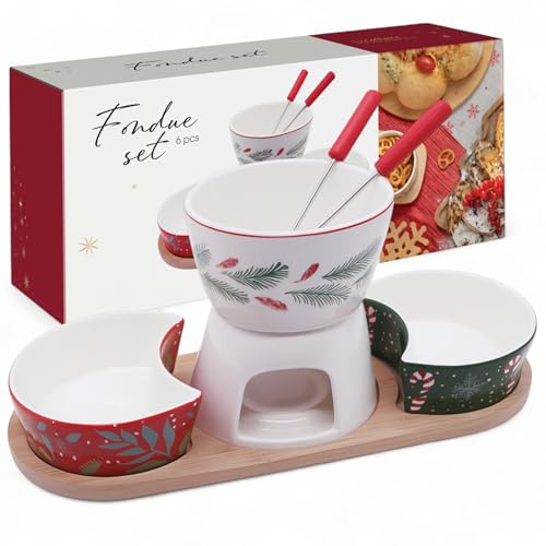 MIJOMA Fondueset Weihnachten 6-teilig – Porzellan-Fondue mit 2 Gabeln, 2 Schälchen & Holztablett – Winterliches Deko- & Servierset für festliche Genussmomente