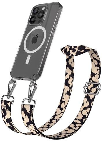EAZY CASE Handykette - Verstellbares Taschenband kompatibel mit iPhone 16 Pro, Schulterriemen, Handykordel mit Silikon Hülle, Qi Charging kompatibel, Umhängetasche, Taupe Camouflage Silber