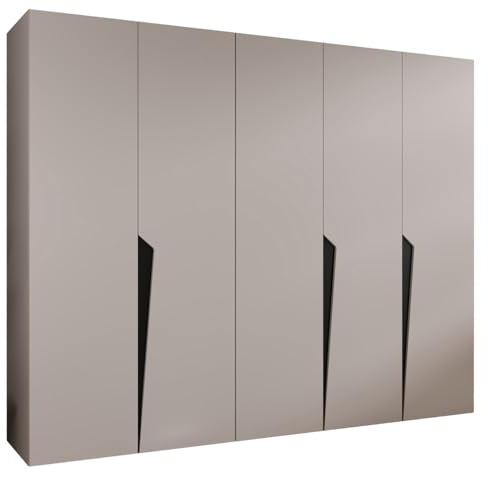 MEBLE KRYSPOL - Kleiderschrank - Garderobenschrank - 250 cm x 202 x 52 cm - Schrank mit Kleiderstange, 5 Türen - für Schlafzimmer, Flur - Piano, Kaschmir, Griff Schwarz