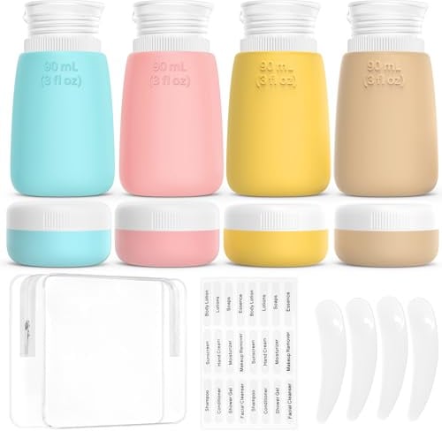 Reiseflaschen Zum Befüllen, 8-StüCk Silikon Reiseflaschen Set, 4 Quetschflaschen & 4 Cremetiegel – TSA Genehmigt,Reise Gadgets, wiederbefüllbare Reiseflaschen, Travel Essentials