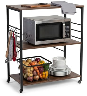 Relaxdays Küchenrollwagen, 3 Ablagen, 6 S-Haken, HxBxT: 89x80x40 cm, MDF & Stahl, Industrial Servierwagen, braun/schwarz