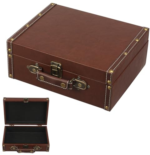 Gatphy Vintage Leather Suitcase Decorative Travel Trunk Retro Photography Prop, Solid Wood Leather Trunk Luggage with Buckle Closure for Travel, Jewelry, Photo, Clothing, Souvenirs(26x10x21cm)
