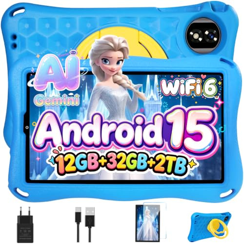 Tablet Para Niños 9 Pulgadas Android 15 Gemini AI, 12GB RAM+32GB ROM(TF 1TB),Octa-Core, 5G WiFi 6, GMS Certified, BT 5.0, 8+5MP, 5000mAh,Widevine L1,BT5.0,Control Parental Tablet con EVA Funda-Azul