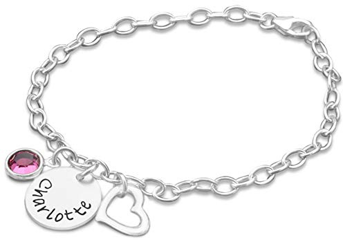 Armband Mädchen personalisiert Anhänger HERZ KRISTALL 925 Silber Kinderarmband Kinderschmuck mit Gravur Name Geburtsstein