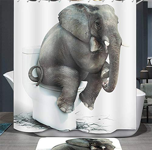 Ommda Duschvorhang, Tierstoff, wasserdicht, Anti-Schimmel, wasserdicht, waschbar, Stoff für Badewanne mit 12 Ringen (kein Teppich), Elefant, 100 x 180 cm