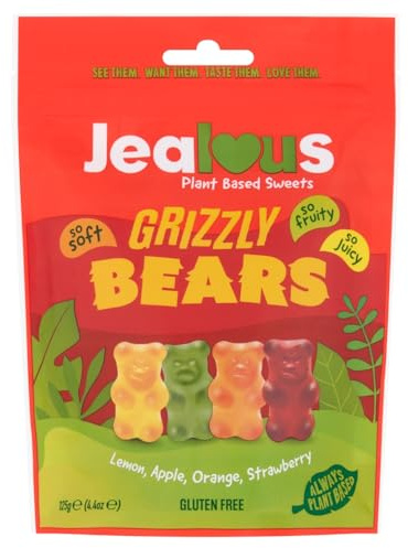 JEALOUS SWEETS Lemon Apple Orange Strawberry Gummy Grizzly Bears (1 x 125g Share Bag) Vegan Gluten & Dairy Free Gummies. Tasty Natural Fruit Chewy Treats. No Artificial Colour, Gelatine Free Gums