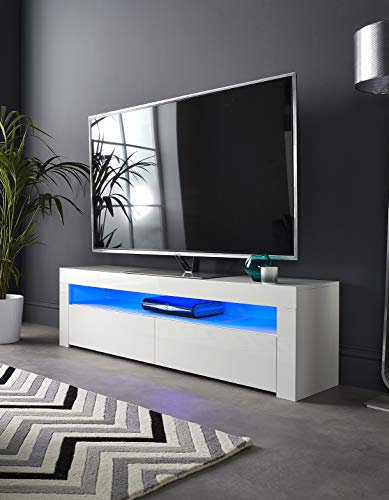 MMT BRG1550 White TV Stand Cabinet for 40 42 50 55 60 65 inch 4K TV's with LED Lights 155cm Wide