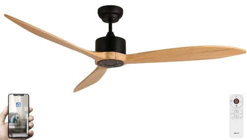 Fanelite - Brasseur d'air 164 cm noir et bois LIFOU - Moteur DC 35W - Télécommande - Wifi - Contrôles vocaux - 3 pales - Très silencieux
