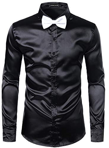 PARKLEES Men's Luxury Shiny Silk Like Satin Long Sleeve Dress Shirts for Party Disco Prom PZLCL14 Black XXL