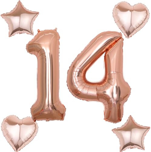 2 Luftballons Zahl 14 rosegold+4 pcs herz/stern Folienballon 14 .Geburtstag Deko mädchen rosegold ,40 Luftballons 14 .geburtstagsdeko mädchen 14 jahre,ballon 14. geburtstag deko(rosegold 14)