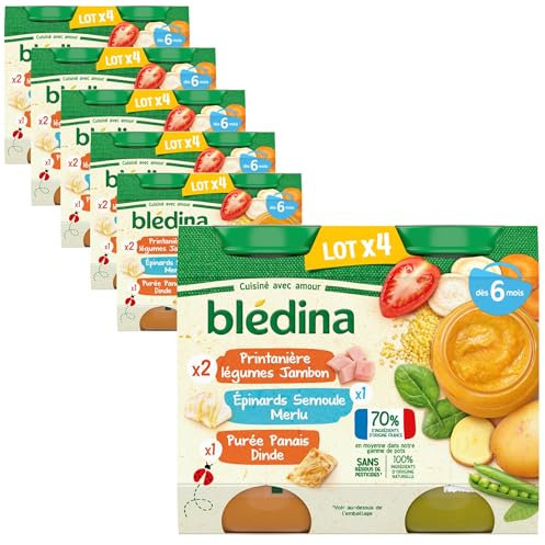 BLEDINA Petits Pots Bébé, Dès 6 Mois, Légumes Jambon, Epinard Semoule Merlu, Panais Dinde, 24x200g (Lot de 6*4)