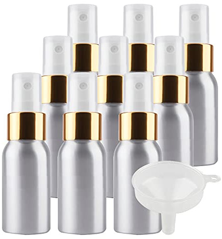 TIANZD 12 Pièces Portable Vide Flacon Aluminium 30 ml avec Bouchon Pompe Spray Blanc/Or Vaporisateur Bouteille pour l'eau Parfum Cosmétique Cheveux Voyage Rechargeable, 1 Pièce Entonnoir