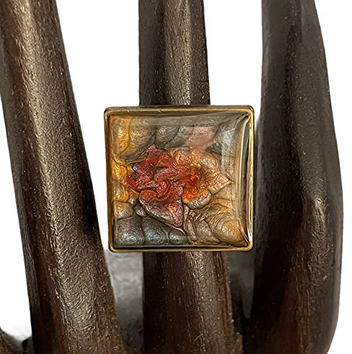 Le Monde de Lúa - Bague femme carrée style verre violet bleu rouge avec base peinte et résine. Fabriqué à la main.