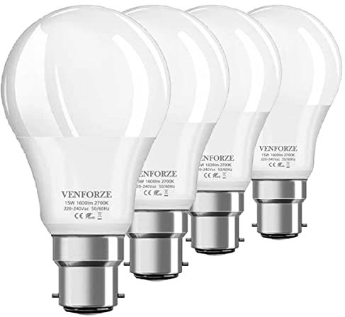 Venforze Bayonet Light Bulbs 150w Equivalent, 15W A60 B22 LED Bulbs, Super Bright 1600LM, Warm White 2700K, BC Energy Saving Led Bulbs, Non-dimmable, 4-Pack
