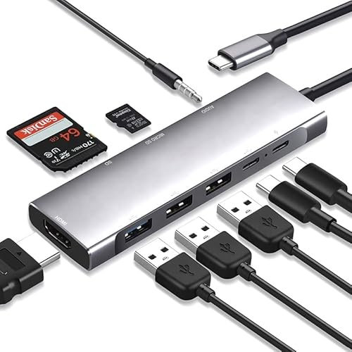 Tradebit - USB-C Hub I Adapter I HDMI 4K UHD I Micro SD I 3X USB 3.0 I Power Delivery I Aluminiumgehäuse I Plug & Play I Kompatibel mit Laptop und PC