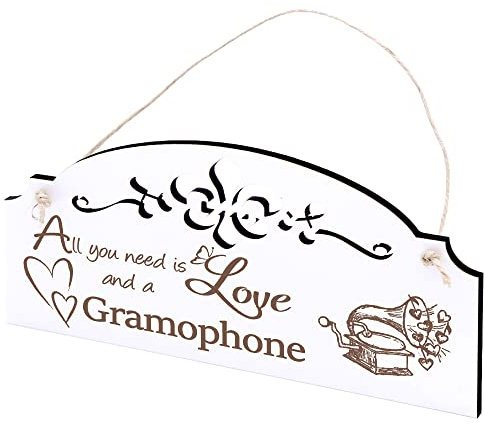 Schild Grammophon mit Herzen Deko 20x10cm - All you need is Love and a Gramophone - Holz Wanddeko Dekoration Wand