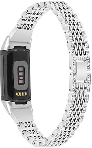 Armbänder Kompatibel Mit Fitbit Charge 5 Edelstahl Strass Uhrenarmband Schmuckarmband Damen Herren Verstellbare Metallarmbandbänder,Silber