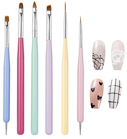 6 Pcs Nail Art Brushes Set- Acrylic Thin Nails Brush for Gel Nails, Nail Polish Design Painting Brush, Builder Gel Liner Pen, Double Ended Dotting Drawing Tools for Professional & Home Nail Salon DIY