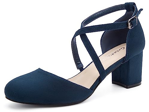 Greatonu Damen Pumps Riemchenpumps Spangenpumps Sandale mit Kreuz Knöchelriemen Blockabsatz Geschlossener Spitze Glitzer Pumps - Perfekt für Hochzeiten und Partys Blau 41 EU