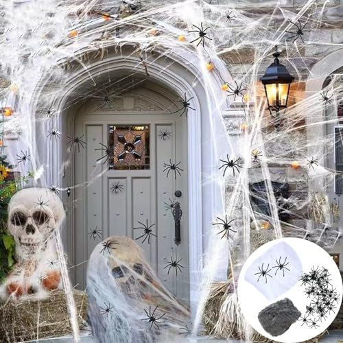 150g Spinnennetz Halloween Deko mit 30 Kunststoff Spinnen Set,Halloween Spinnenweben Weiße & Schwarz Spinnenweben Gruselig Halloween Netzdeko Outdoor Garten Indoor Party Fenster Horror Dekoration