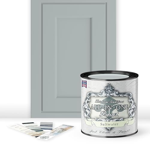 ALL-IN-ONE Paint, Durable cabinet and furniture paint. Built in primer and top coat, no sanding needed. Includes our 30 featured color card - Saltwater (pale green), Quart
