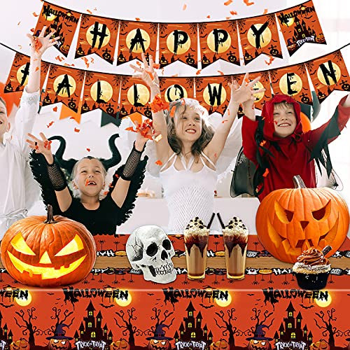 Helloween Party Tablecloth Plastic Tablecloth 137x274cm Halloween TRICK OR TREAT Table Cover Spider Web Pumpkin Ghost Bat Rectangular for Halloween Decorations Indoor Outdoor Dinner Party Supply