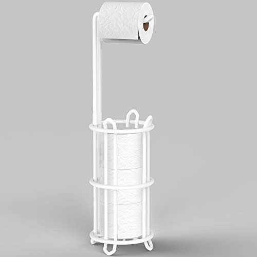 Meangood Toilet Paper Holder Stand and Tissue Paper Roll Dispenser for 4 Mega Rolls, Bathroom Free Standing Tissue Roll Storage Holder Rack, Metal Wire White