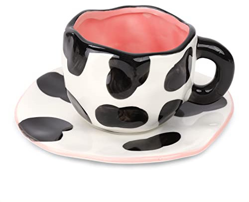 Noviko Cow Mug and Saucer Set Ceramic Cute Coffee Mug 10 oz