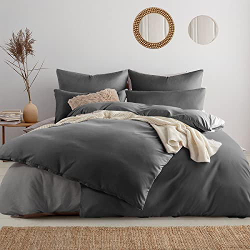 Soifox bettwäsche 155x220 4teilig Anthrazit - 2 Bettbezüge 155x220 + 2 Kissenbezüge 80x80 Weich und bügelfrei Mikrofaser mit Reißverschluss (4 TLG. 155 x 220 cm, Anthrazit)