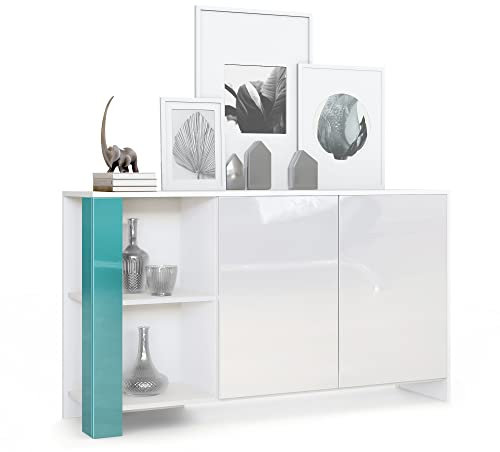 Vladon Sideboard Canto, Made in Germany, Lange Anrichte mit 2 Türen und 6 Fächern, Korpus Weiß matt, Fronten Weiß Hochglanz, Dekor-Paneele Petrol Hochglanz (143 x 81 x 36 cm)